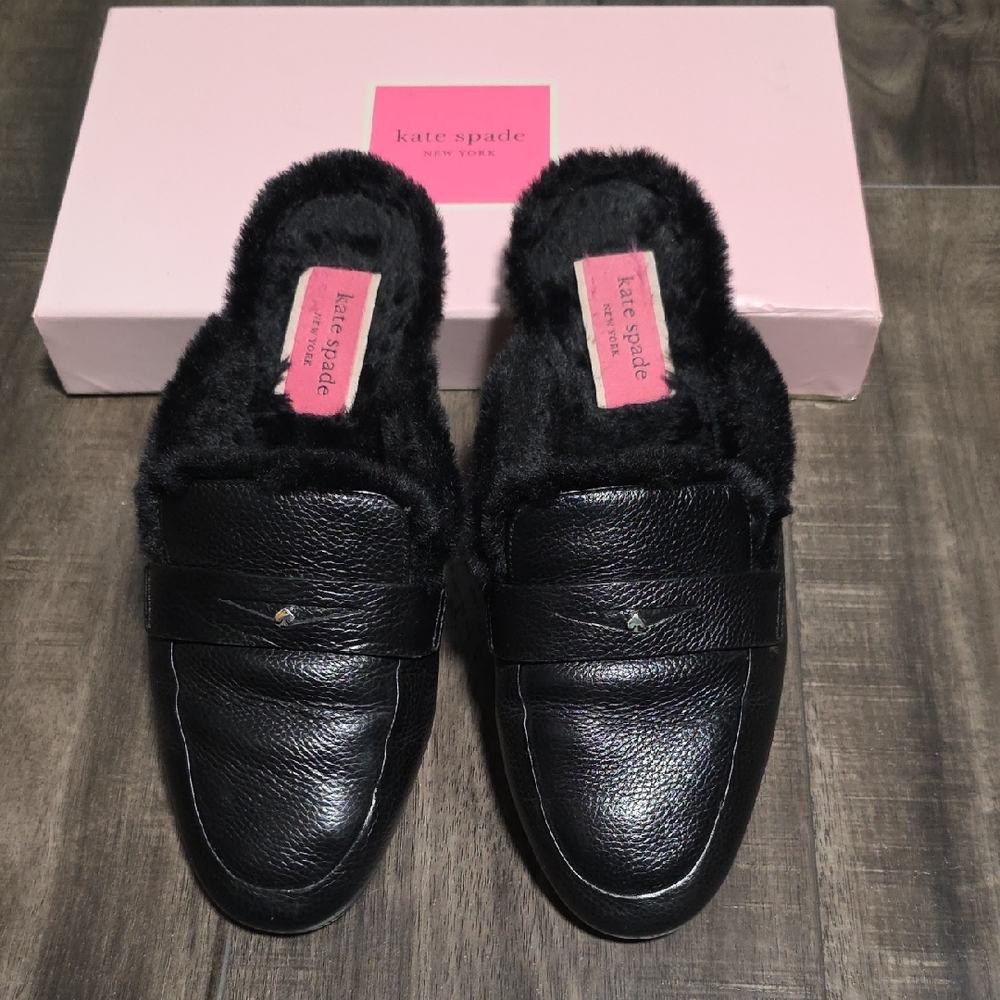 Kate Spade Black Loafers with Fur Trim